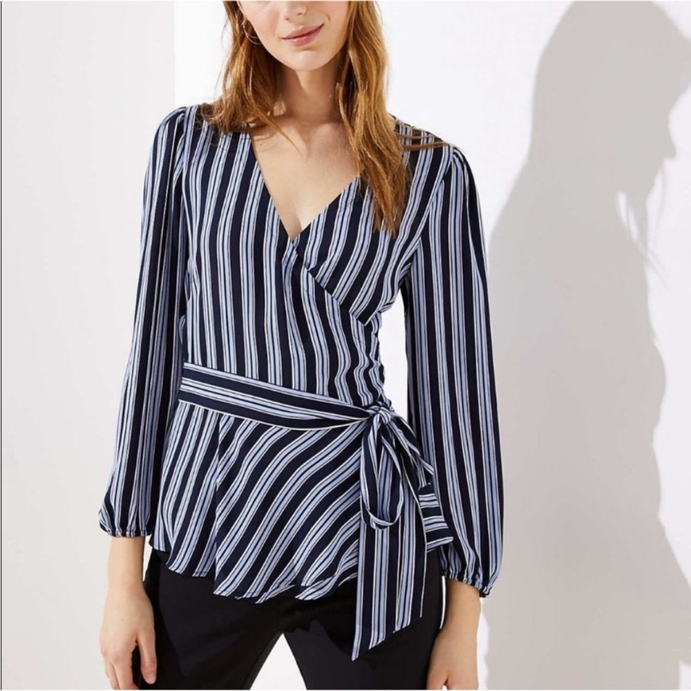 LOFT Striped Wrap Around Blouse Size XSP Blue and White NWT